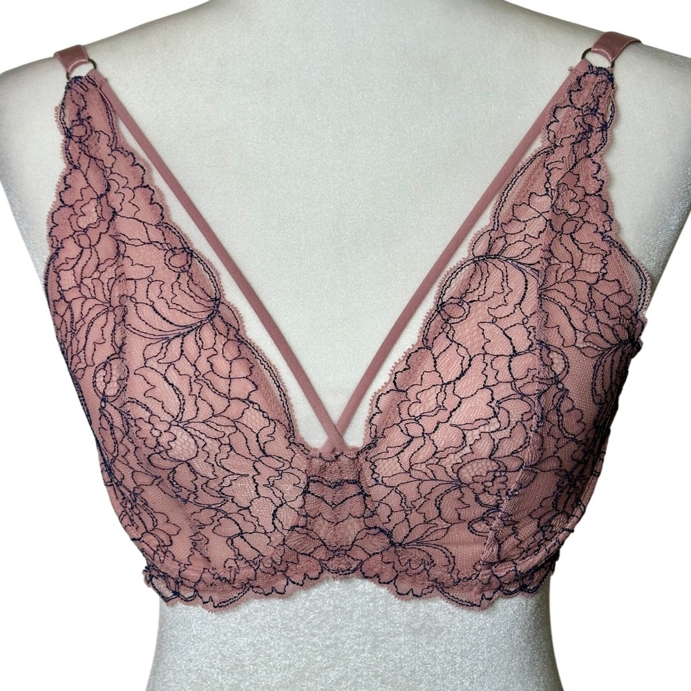 Fredericks of Hollywood 32D Lace Bra Unlined Pink Blue Floral Lingerie Underwire